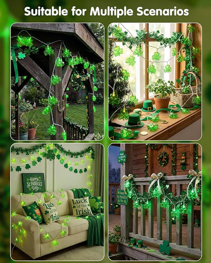 SUNSGNE Shamrock String Lights St. Patrick's Day Lights, 8.5Ft Outdoor Patio String Light with 10 LED Green Shamrock, Plug in Fairy Lucky Clover String Lights for Home Garden Irish Party Decoration