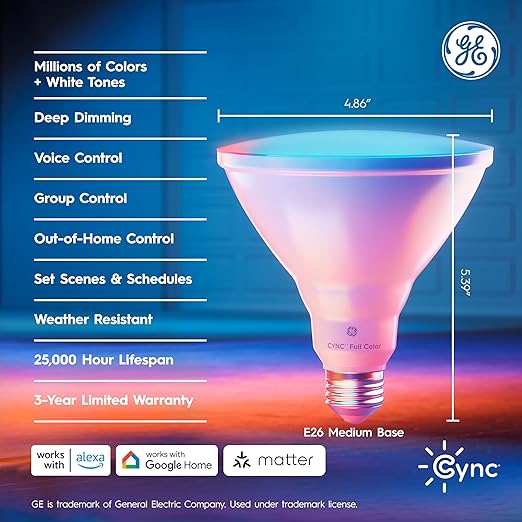 GE Cync PAR38 Smart LED Light Bulb, Color Changing Outdoor Floodlight, Compatible with Alexa and Google Home (4-Pack)