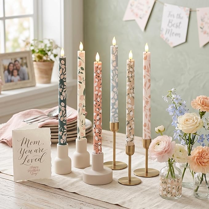 Honoson 6 Pcs Mother's Day Flameless Taper Candles 10.6 Inch Pastel Spring Flower Candles Battery Operated LED Candlesticks for Mother's Day Dinner Table Home Party Decor