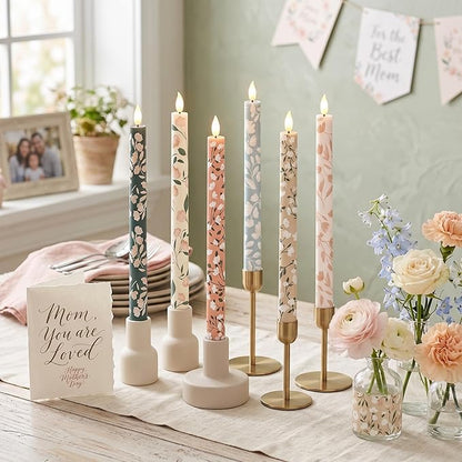 Honoson 6 Pcs Mother's Day Flameless Taper Candles 10.6 Inch Pastel Spring Flower Candles Battery Operated LED Candlesticks for Mother's Day Dinner Table Home Party Decor