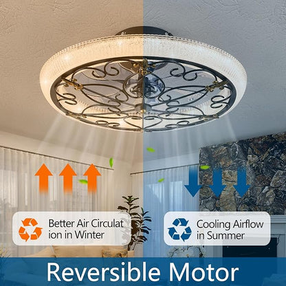 Black Caged Ceiling Fan with Lights Remote Control, 6 Speeds Rustic Industrial Ceiling Fan Light with Crystal Sand Lampshade for Kitchen Bedroom Living Room