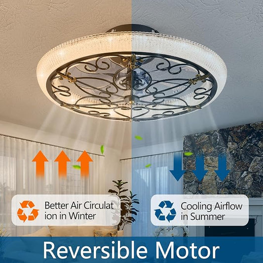 Black Caged Ceiling Fan with Lights Remote Control, 6 Speeds Rustic Industrial Ceiling Fan Light with Crystal Sand Lampshade for Kitchen Bedroom Living Room