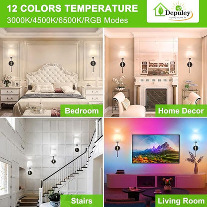Depuley Battery Operated Wall Sconce: Set of 2 19.99" Wireless Wall Lights with Remote for Bedroom - Rechargeable 15 Colors Black and Gold Wall Lamp for Living Room Hallway Decor