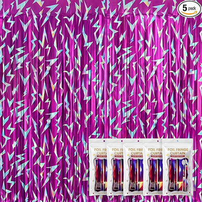 Tudomro 5 Pack Kpop Birthday Party Decoration Pink Purple Lightning Streamers Backdrop Blue with Purple Lightning Print Foil Fringe Tinsel Curtains for Photo Prop Themed Party Supplies