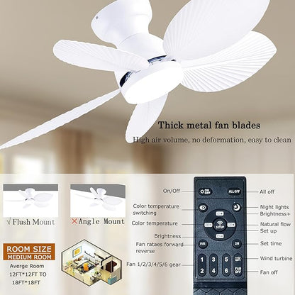 GJeg Tropical Ceiling Fans with Light, 38-inch Flush Mount Palm Leaf Ceiling Fans for Bedrooms, Indoors and Outdoors, Remote Control/APP Control, 6-Speed, Dimmable, Reversible, White.