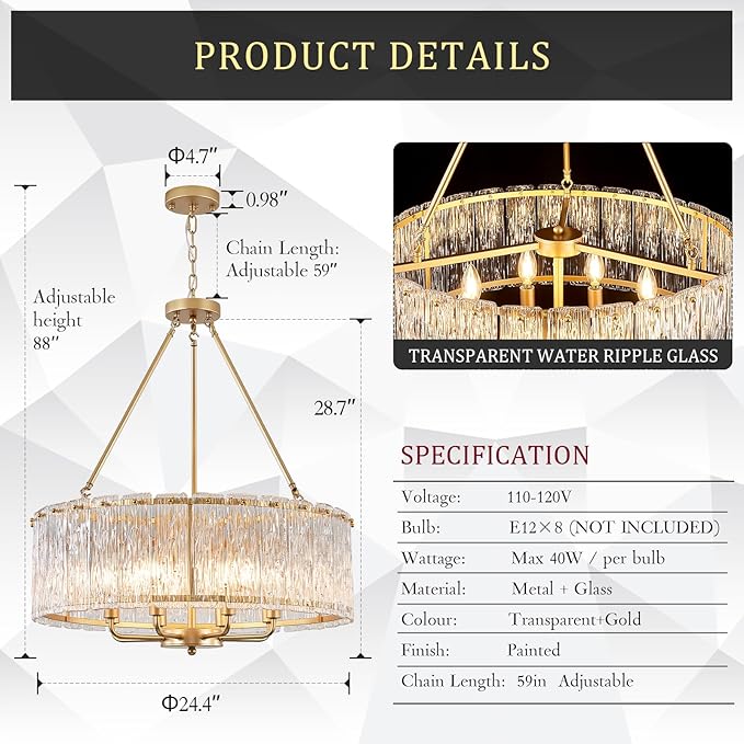 CATINER Gold Drum Chandelier 24.4" Modern Crystal Glass Chandeliers Luxury 8-Light Pendant Ceiling Chandelier Lighting for Dining Room Foyer Living Room Bedroom