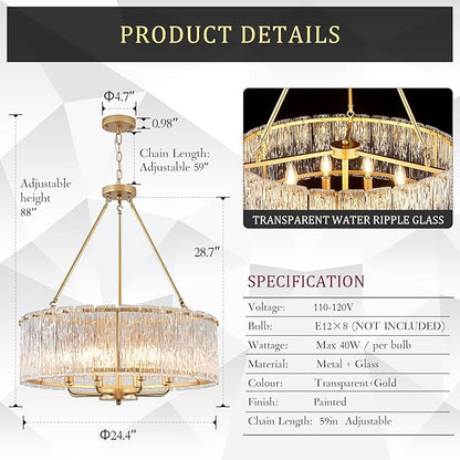 CATINER Gold Drum Chandelier 24.4" Modern Crystal Glass Chandeliers Luxury 8-Light Pendant Ceiling Chandelier Lighting for Dining Room Foyer Living Room Bedroom