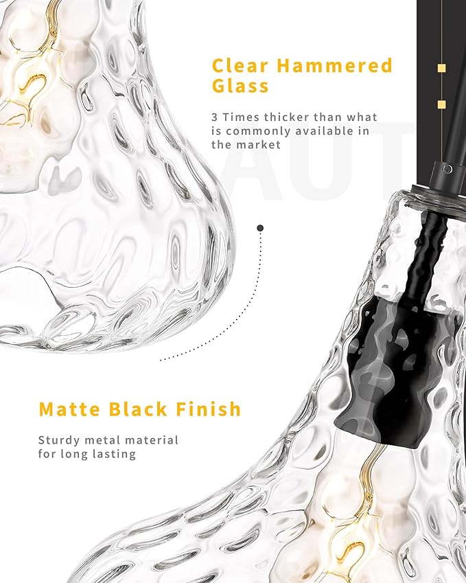 AUTELO Black Pendant Lights Kitchen Island, 10" Hammered Pendant Lights, Industrial Hanging Lamp in Matte Black Finish and Clear Hammered Glass, Pendant Light Fixtures for Dining Room, H9164 HMBK