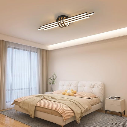 Garwarm Modern Ceiling Light Fixture,39.4 Inch Black Kitchen Lights Ceiling, Linear Dimmable LED Chandelier Remote Control for Dining Room Living Room Bedroom