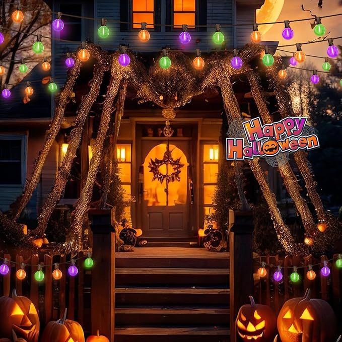 LAMPHOME Globe Outdoor Halloween String Lights, 4 Pack 26FT Patio Lights with 12+1 Edison Shatterproof Bulbs, Connectable Dimmable Waterproof for Backyard Porch Halloween Decor, Orange Green Purple