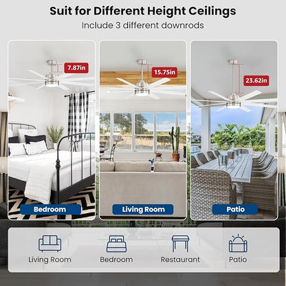 Conciseer 65 Inch Ceiling Fans with Lights and Remote for Bedroom Living Room Kitchen Office, Indoor/Outdoor Use, 6CCT Dimmable, 8 Blades 6 Speed Reversible Quiet DC Motor, Sand-nickel/White