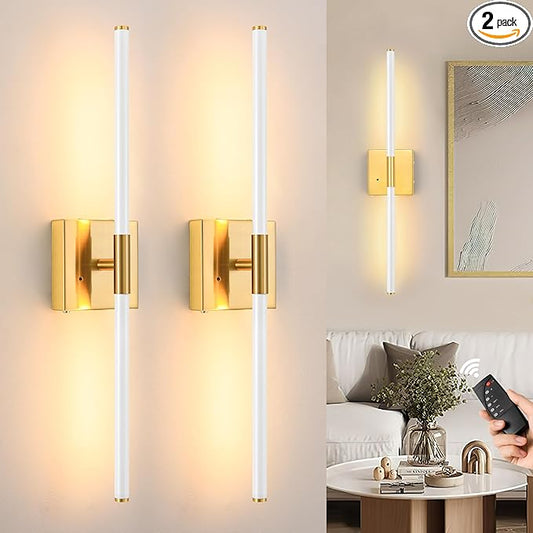 Morauroral 30 Inch White Gold Battery Operated Wall Sconces Set of 2, Dimmable Battery Wall Sconce with Remote Control, LED Rechargeable Sconces, Modern Wireless Wall Lights for Bedroom, Living Room