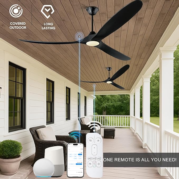 82 Inch Large Smart Ceiling Fans with Light, Black Wood Ceiling Fan with Remote/Alexa/App Control, 3 Propeller High CFM Modern DC Ceiling Fan for Living Room Outdoor Patio Commercial Shop