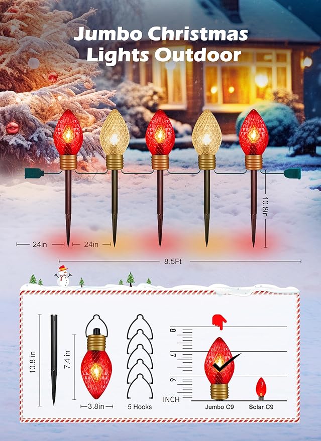 Strawberry Jumbo C9 Christmas Pathway Lights Outdoor - 8.5 FT 5 LED Large C9 Pathway Lights, Hanging Jumbo Christmas Light Outdoor Decorations for Lawn Holiday Yard, Red & Warm White