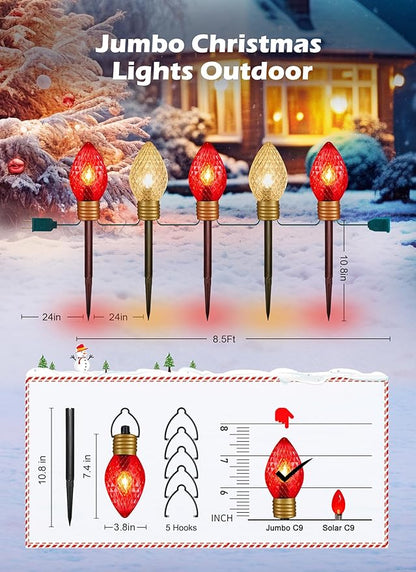 Strawberry Jumbo C9 Christmas Pathway Lights Outdoor - 8.5 FT 5 LED Large C9 Pathway Lights, Hanging Jumbo Christmas Light Outdoor Decorations for Lawn Holiday Yard, Red & Warm White