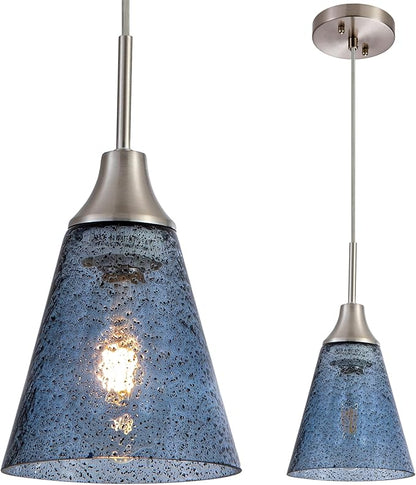 Viinew Mini Glass Pendant Light,5.9" Horn Shape Dark Blue Glass Hanging Light,1-Pack Handblown Clear Blue Seeded Shade Adjustable Cord Ceiling Light Fixture for Kitchen Island Sink