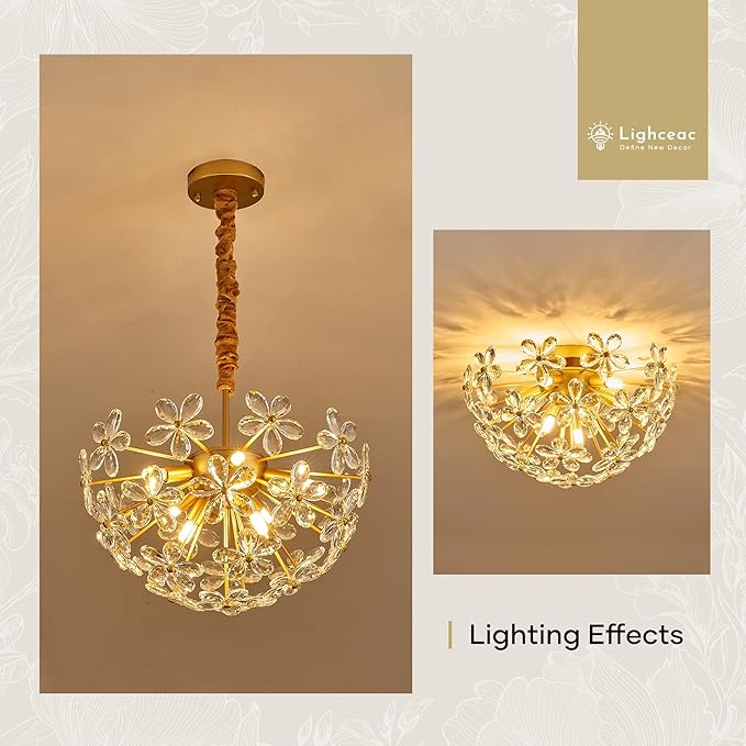 17" Modern Gold Crystal Sputnik Chandelier for Dining Living Room Glam Luxury Petal Hemisphere Chandelier 7-Light for Foyer Hallway Elegant Pendant Ceiling Light Fixtures for Kitchen Bedroom