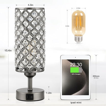 Hong-in Gray Crystal Table Lamp - 3-Way Dimmable Touch Control, Bedside Lamp with USB C and A Ports, Nightstand Light for Living Room, Bedroom, Home Office (Bulb Included)