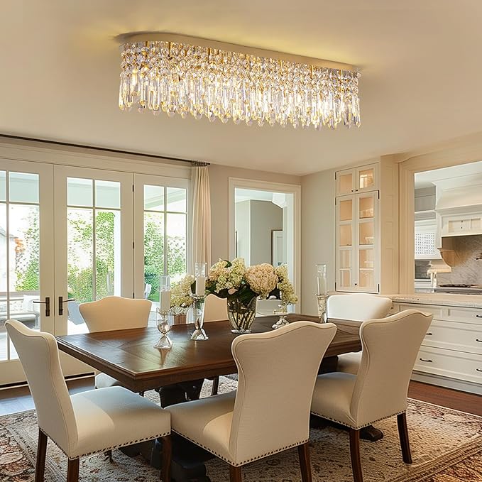 Siljoy 12-Light Modern Gold Crystal Raindrop Chandelier for Dining Room, Luxury Oval Flush Mount Crystal Pendant Ceiling Light Fixture for Living Room Kitchen Island Bar L47''xW11''xH10.6''