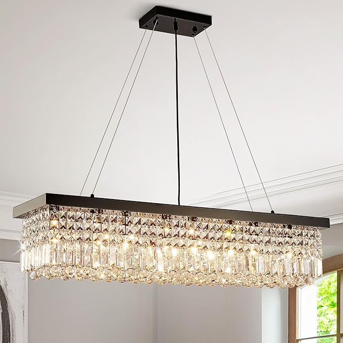 Modern Crystal Chandelier for Dining Room, 8-Light Black Rectangle Pendant Ceiling Light Fixture for Kitchen Island Bar, L40 x W10 x H10