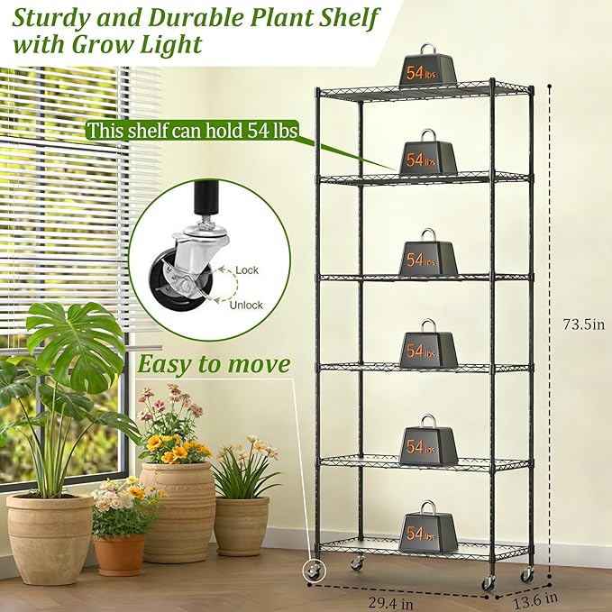 Plant Stand with Grow Light, 6-Tier DIY Plant Shelf with Grow Lights for Seedlings, Greenhouse, Indoor, 8 Pack 5000K 192W LED Full Spectrum Growing Lamp with Rack, Wheel, 29"x13.5"x73.5"