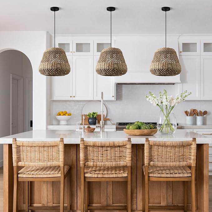 Brown Rattan Pendant Light 13.8in Farmhouse Woven Chandelier Rattan Lights Fixture Over Island Rustic Wicker Hanging Ceiling Lighting for Dining Room Kitchen Bedroom Entryway Restaurant Bar