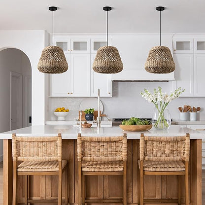 Brown Rattan Pendant Light 13.8in Farmhouse Woven Chandelier Rattan Lights Fixture Over Island Rustic Wicker Hanging Ceiling Lighting for Dining Room Kitchen Bedroom Entryway Restaurant Bar