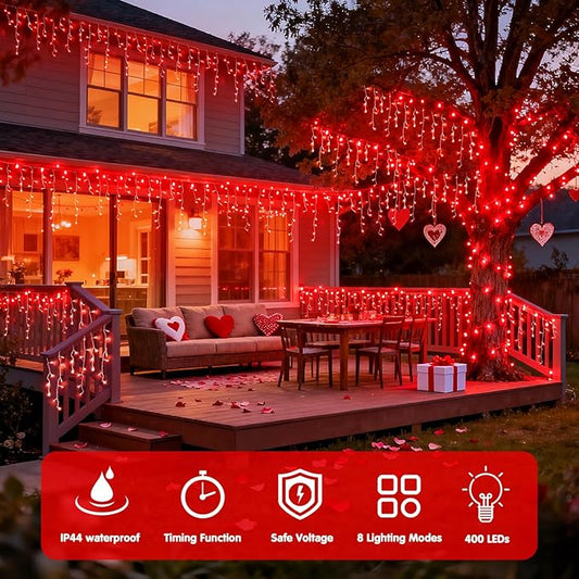 JMEXSUSS 400 LED Red Valentine Lights Outdoor, Connectable Red Icicle Lights Indoor Outdoor with Remote, Christmas Light for Valentine Room Fireplace Christmas Decorations