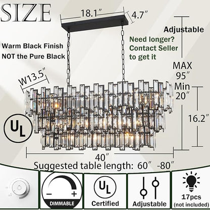 Rectangle Chandeliers for Dining Room - 17 Lights Rectangular Linear Chandeliers in Black
