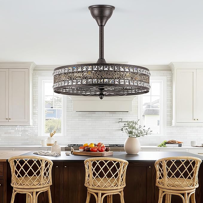 Vintage Chandelier Light Fixture, 6-Light Crystal Victorian Antique Bronze Fandelier Ceiling Fan with Light, Ornate Caged Bladeless Enclosed Drum Decorative Pendant for Dining Living Room, Bedroom