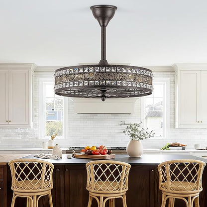 Vintage Chandelier Light Fixture, 6-Light Crystal Victorian Antique Bronze Fandelier Ceiling Fan with Light, Ornate Caged Bladeless Enclosed Drum Decorative Pendant for Dining Living Room, Bedroom