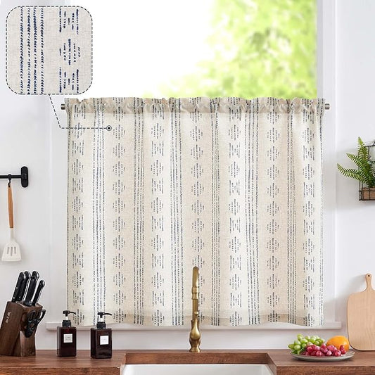 jinchan Boho Kitchen Curtain Linen Tier Curtain Bohemian Cafe 24 Inch Geometric Striped Small Window Drape Light Filtering Farmhouse Country Rustic for Bathroom RV 1 Panel Blue on Beige