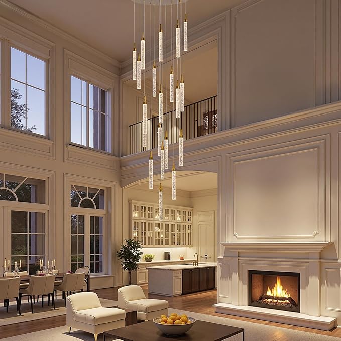 SNZ 20-Light Gold Crystal Chandelier, High Ceiling Chandelier for Staircase, Modern LED Dimmable Pendant Light Fixture for Entryway Hallway Living Room, 157in, Gold