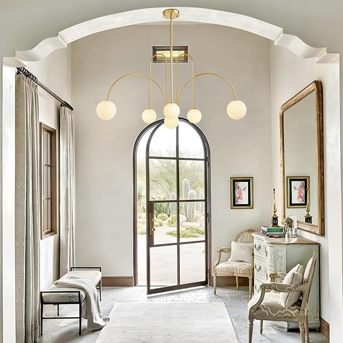 Modern Gold Sputnik Chandelier 6-Light Mid Century Chandelier for Dining Room with Milky Glass Globe Brushed Brass Ceiling Pendent Light Fixture for Living Room Kitchen Island Foyer Bedroom