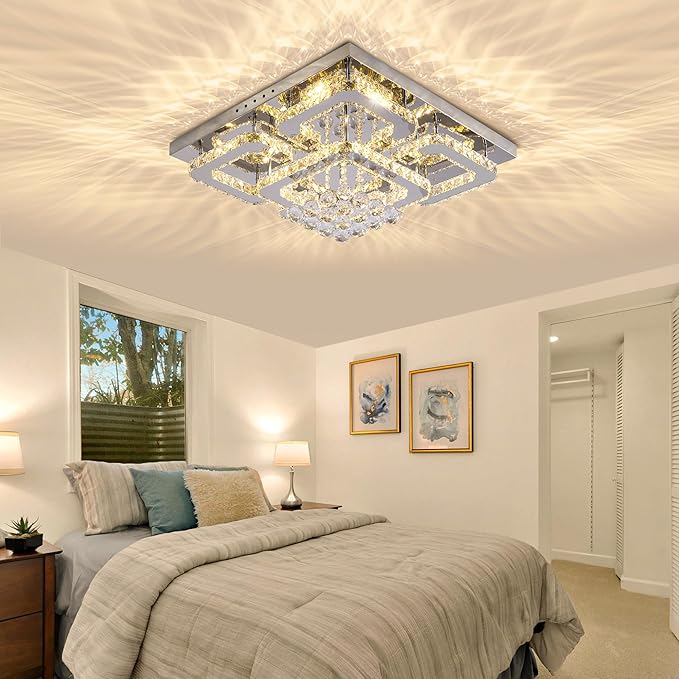 24 inch Flush Mount Chandelier Crystal Ceiling Light with Remote Control/APP,3CCT Dimmable&Brightness Adjustable, Modern Crystal Raindrop Silver Chandeliers for Bedroom Hallway Dinning Room LivingRoom