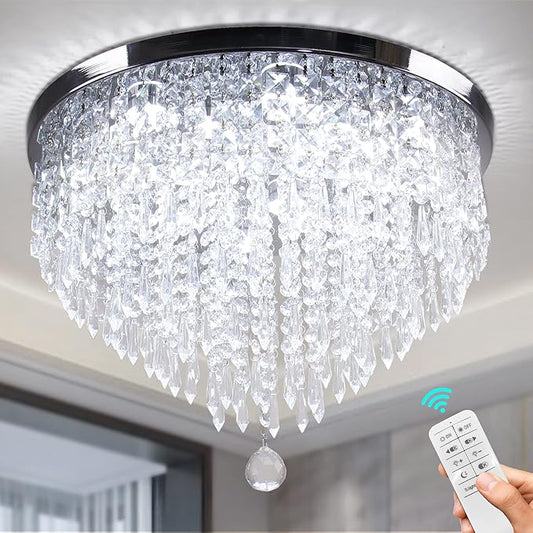 Modern 19.7" Crystal LED Ceiling Light with Remote Control, Flush Mount Chandelier, Dimmable & 3 CCT, 5-Tier K9 Crystal, Chrome Finish for Living Room Bedroom Dining Room