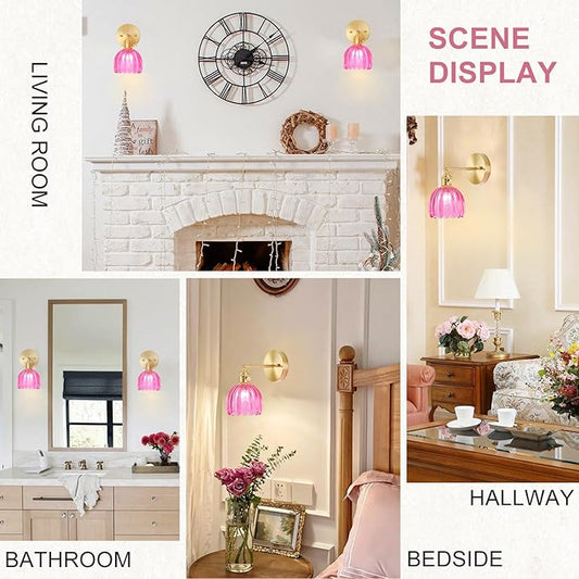 Hardwired Wall Sconce Light, Vintage Wall Sconce with Switch, Gold Wall Light Fixture with Tulip Ruby Red Glass Lampshade, Indoor Wall Light for Bedroom Bathroom, Bedside Wall Lamp