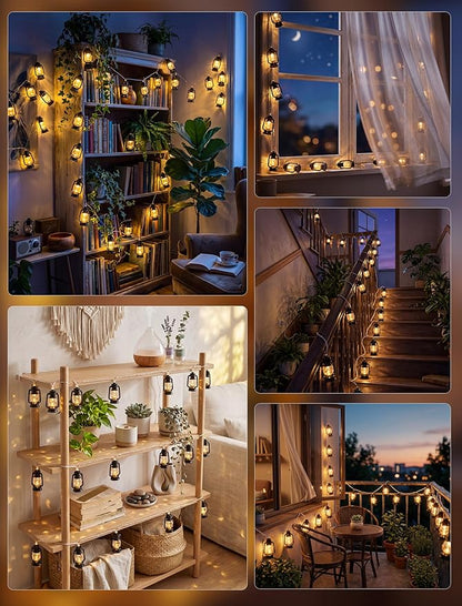 8.5Ft Black Mini Kerosene String Lights, Vintage Decorative String Lights with 10 LED Kerosene Lantern Bulbs, Waterproof Connectable Plug in Fairy Lights for Camping Patio Bedroom Party Holiday Decor