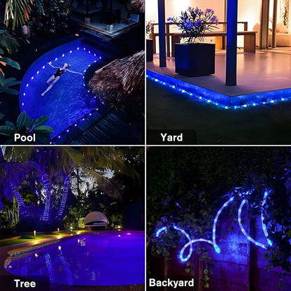 ANJAYLIA 33FT 100 LED Solar Rope Lights Outdoor Waterproof, Solar Powered Rope String Lights with 8 Modes for Outdoor, Patio, Garden, Camping, Holiday & Christmas Décor Blue