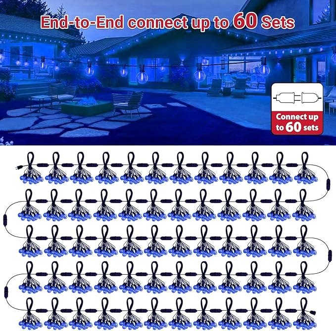 LAMPHOME LED Outdoor String Lights, 4 Pack 26FT Patio Lights with 12+1 Edison Shatterproof Bulbs(1 Spare), UL Waterproof Connectable Dimmable Outside Lights for Hanukkah, Backyard Porch Decor, Blue