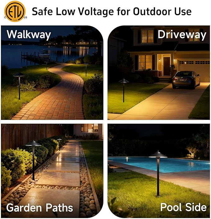 Gardenreet Landscape Path Lights Low Voltage (9" Shade) - Brass Outdoor Walkway Light LED 12V, Wired Pathway Area Lighting IP65 Waterproof, Black for Exterior Yard House Without G4 Bulb (6 Pack)