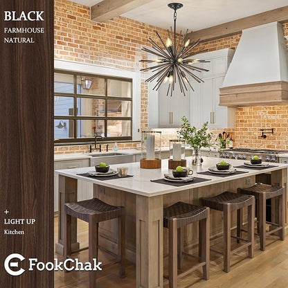 Black Wood Sputnik Chandeliers 12 Light Starburst Chandelier Light Fixture Solid Wood Farmhouse Satellite Light Fixture for Dining Room Bathroom Entryway Kitchen Island Bedroom 24in