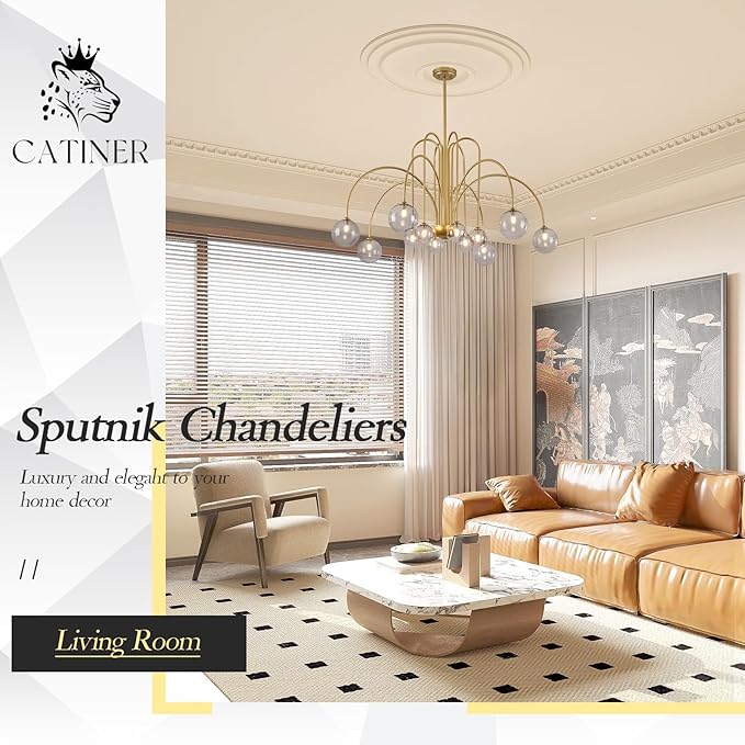 CATINER Gold Chandeliers 12 Lights Modern Sputnik Chandelier Large L52”Mid Century Ceiling Pendant Light Fixtures with Smoke Glass Globe Shades for High Ceiling Living Dining Room Foyer Staircase