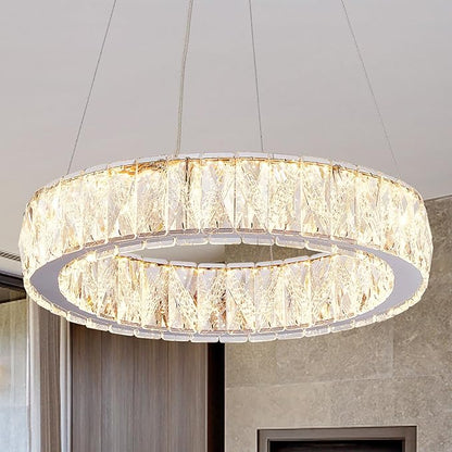 Depuley Modern LED Crystal Chandeliers: 15.7" Ring Chandelier Hanging Crystal Ceiling Light Fixture - 24W Adjustable Height Pendant Light for Living Room Dining Room Bedroom Foyer