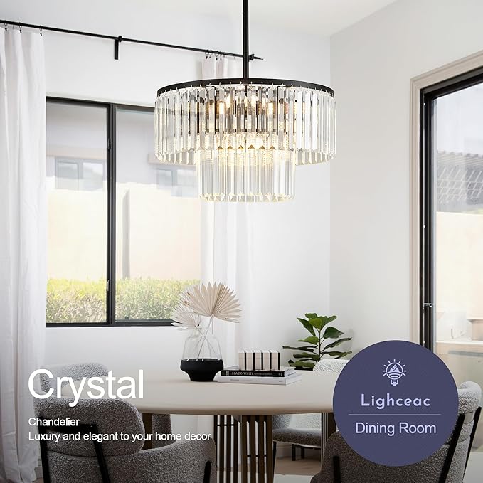 17.7" Black Semi Flush Mount 2-Tier Crystal Ceiling Light Fixtures for Dining Room Modern Luxury 8-Light Chandeliers Lighting for Bedroom Entryway Hallway Kitchen Island Living Room Foyer