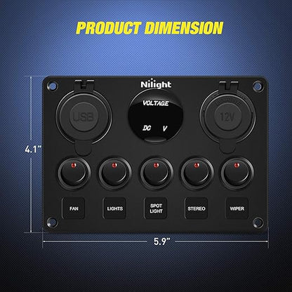 Nilight 5 Gang Multi Function Rocker Switch Backlit Dual USB Charger, Digital Voltmeter, 12V Outlet Pre-Wired Panel with Inline Fuse for RVs Cars Boats Trucks Trailers, Red (90124E)