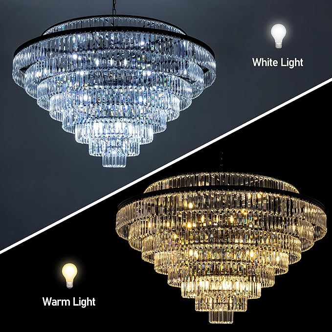 Wellmet Large Crystal Chandelier, 48’’ Black Farmhouse Chandelier, 9 Tier Luxury Crystal Pendant Light, for Living Room, Entryway, Dining Room, Hallway, Restaurant