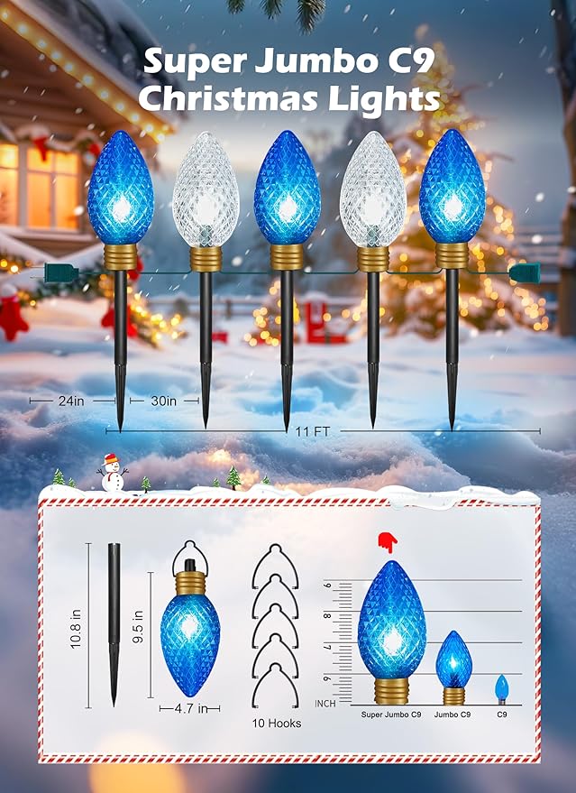 Strawberry Super Jumbo C9 Christmas Pathway Lights Outdoor - 2 Pack Total 22 FT 10 LED Jumbo C9 Pathway Lights, Hanging Christmas Light Outdoor Decorations for Lawn Yard, Blue & Pure White