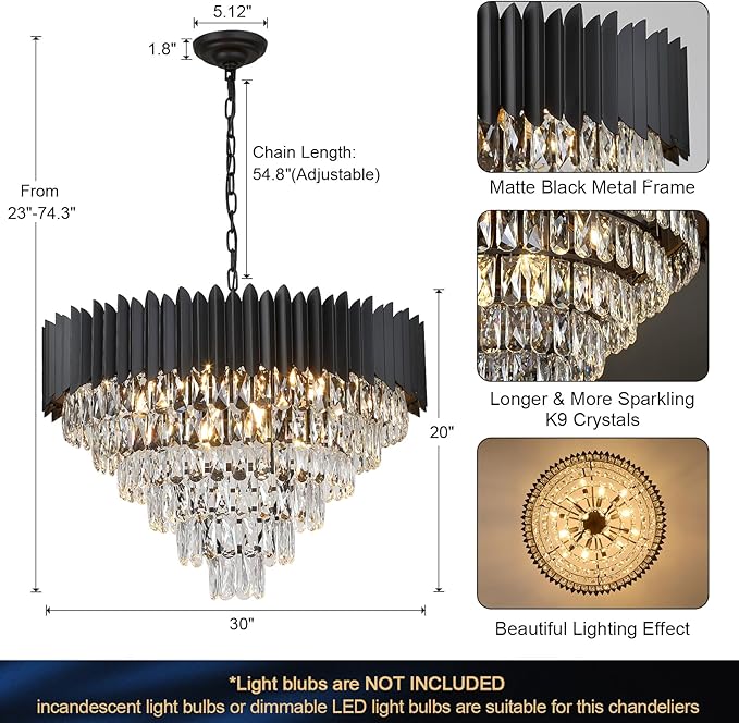 A AXILIXI Large Crystal Chandeliers Modern 30”Black Ceiling Chandelier Light Fixture for High Ceiling 6 Tiers Round Pendant Chandeliers for Foyer Living Room Staircase Dining