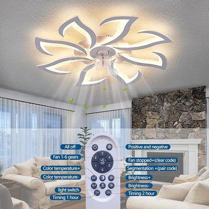 32" White Modern 8-Head Geometric Ceiling Fan with Lights Remote Control, Low Profile Ceiling Fan with Light for Kitchen Bedroom Living Room